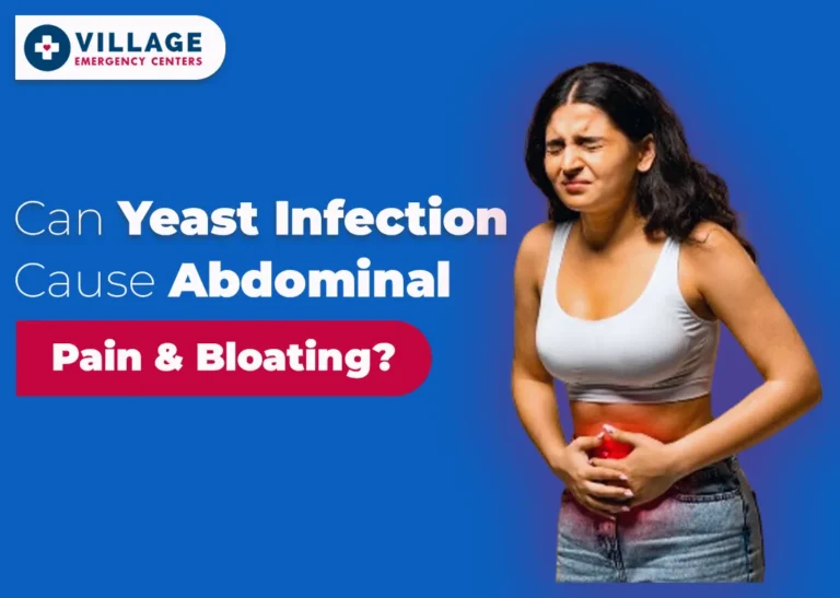 feature image of a blog showing its title and image of a woman bearing pain due to yeast infection causing abdominal pain