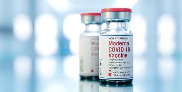 Two viles of Moderna COVID-19 vaccine provided to an emergency room in Houston, TX