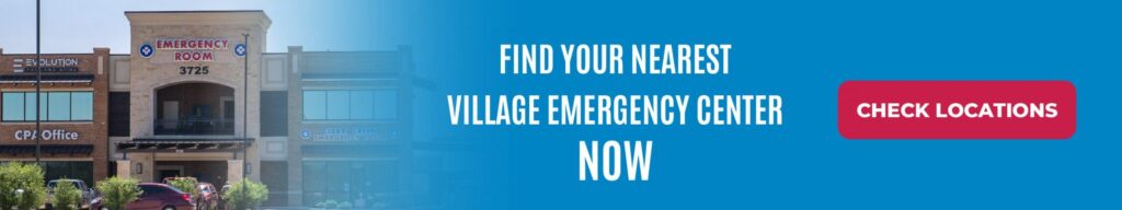 Graphic reading "Find your nearest Village Emergency Center now" in Houston, TX